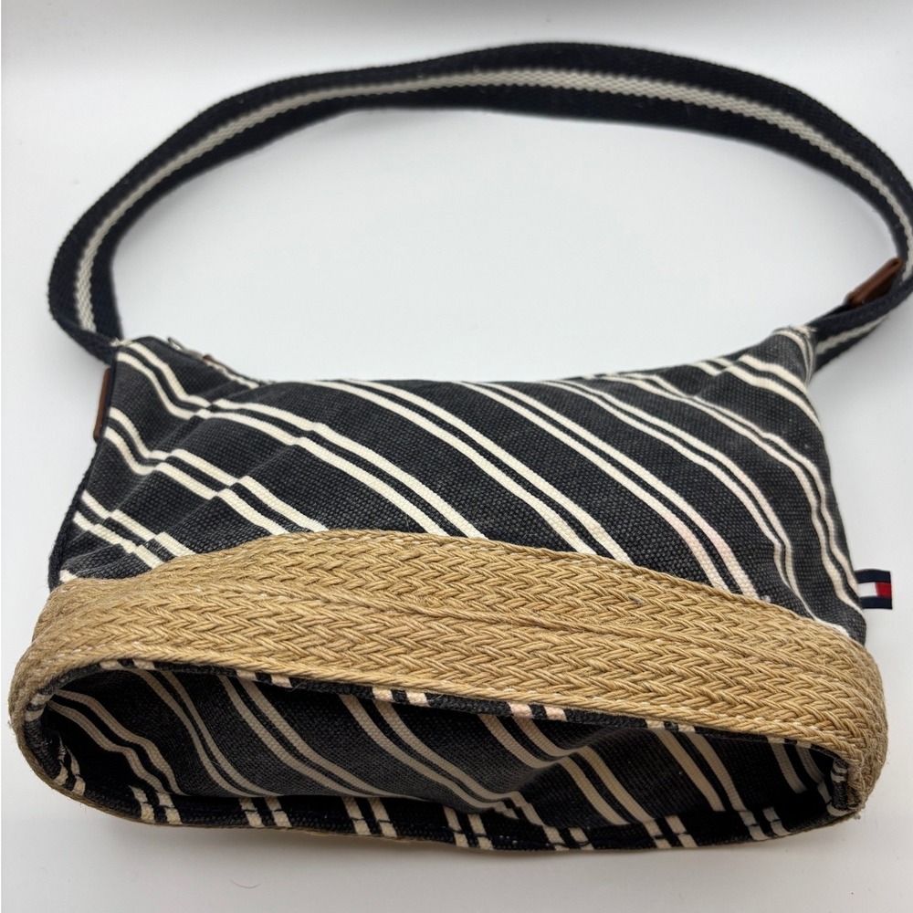 Tommy Hilfiger Navy White Striped Canvas Shoulder Bag Straw Trim Nautical Purse